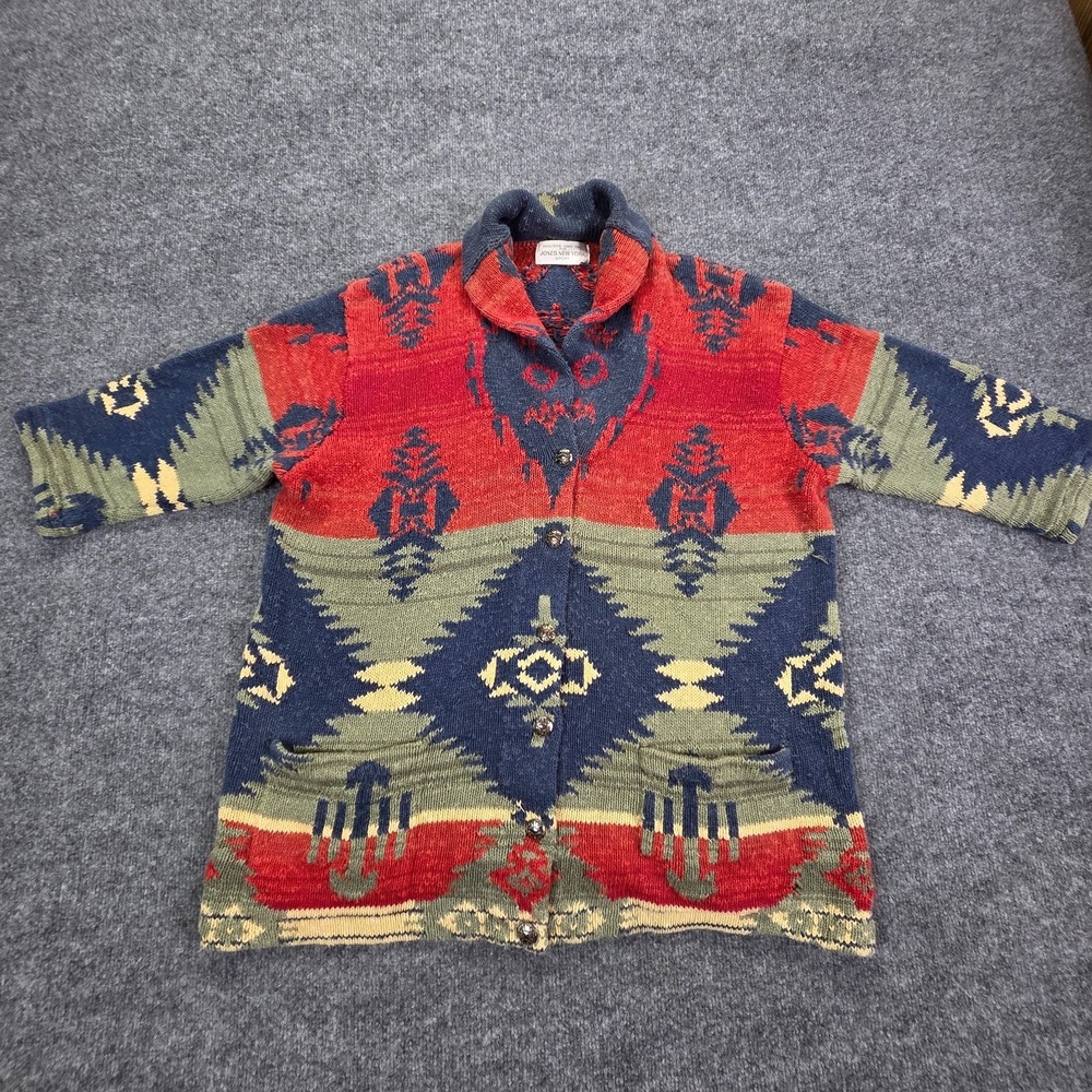 Vtg Jones New York Sweater Cardigan Chunky Handknit Southwest Aztec Western L?